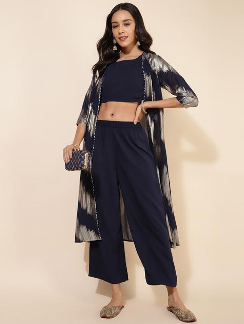 navy blue crop top and palazzo set with jacket - 20445518 - Very Small Image - 1