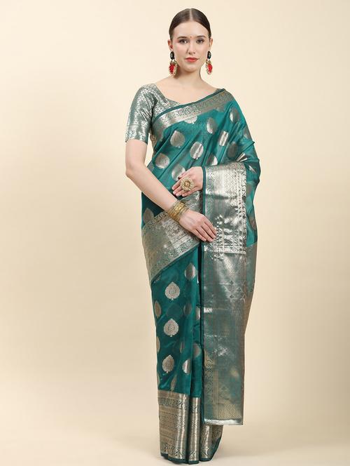 women's self design teal colored saree with blouse - 20445964 - Very Small Image - 1