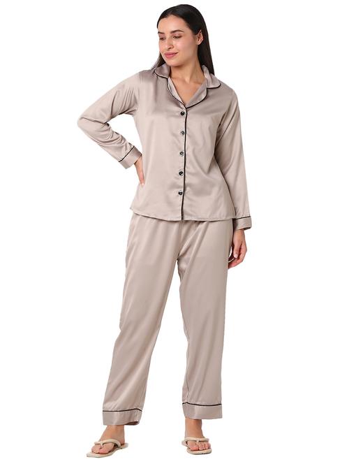 taupe solid pyjama nightwear set - 20448957 - Very Small Image - 1