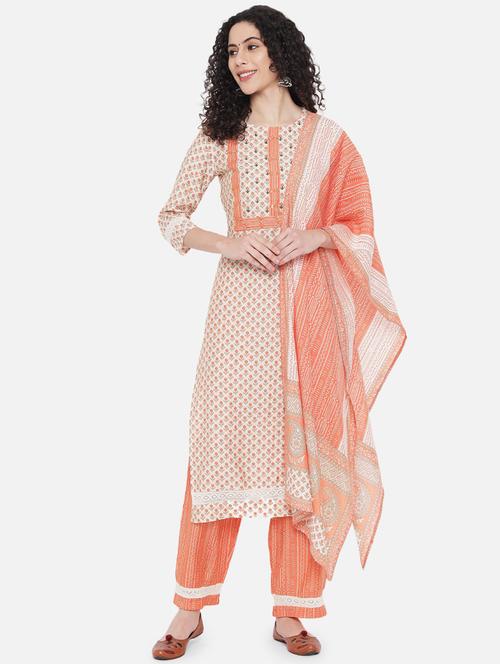 women orange round neck kurta salwar set with dupatta - 20449857 - Very Small Image - 1