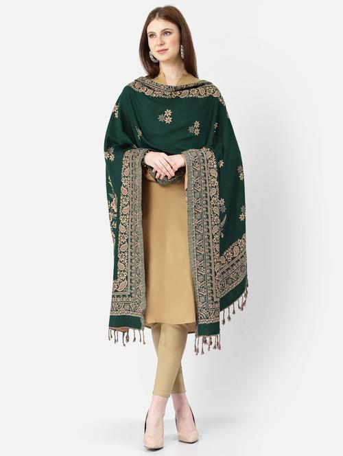 bottle green wool self design shawl - 20450726 - Very Small Image - 1