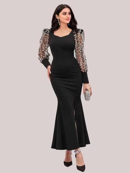 black solid puff sleeves bodycon dress with slit - 20455398 - Very Small Image - 1
