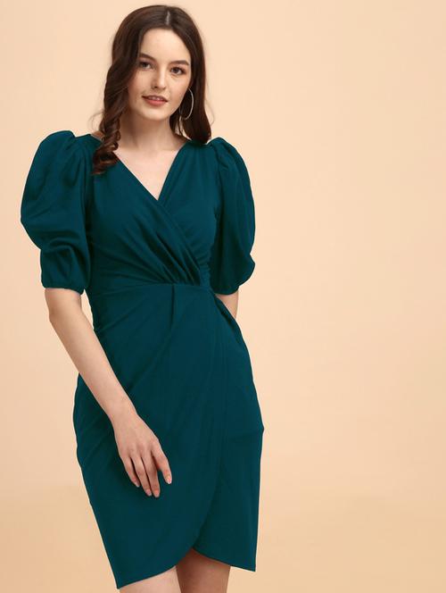 teal puff sleeved solid wrap dress - 20455420 - Very Small Image - 1