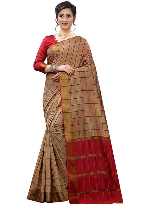 beige cotton silk printed saree with blouse - 20457147 - Very Small Image - 1
