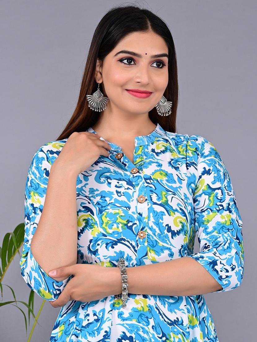 light blue printed flared ethnic dress - 20457999 - Standard Image - 3