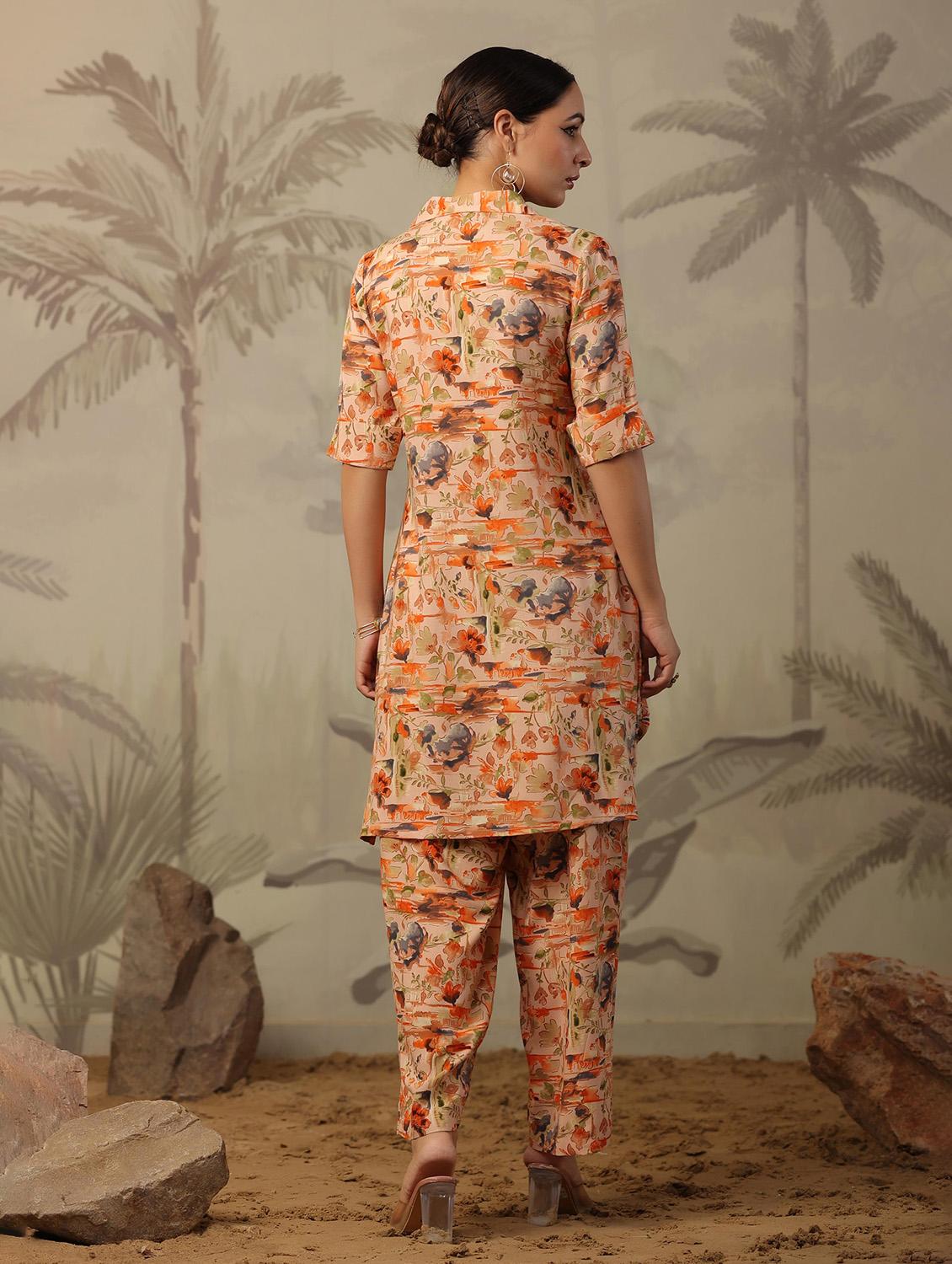 women peach floral printed shirt collar co-ord sets - 20458231 - Standard Image - 3