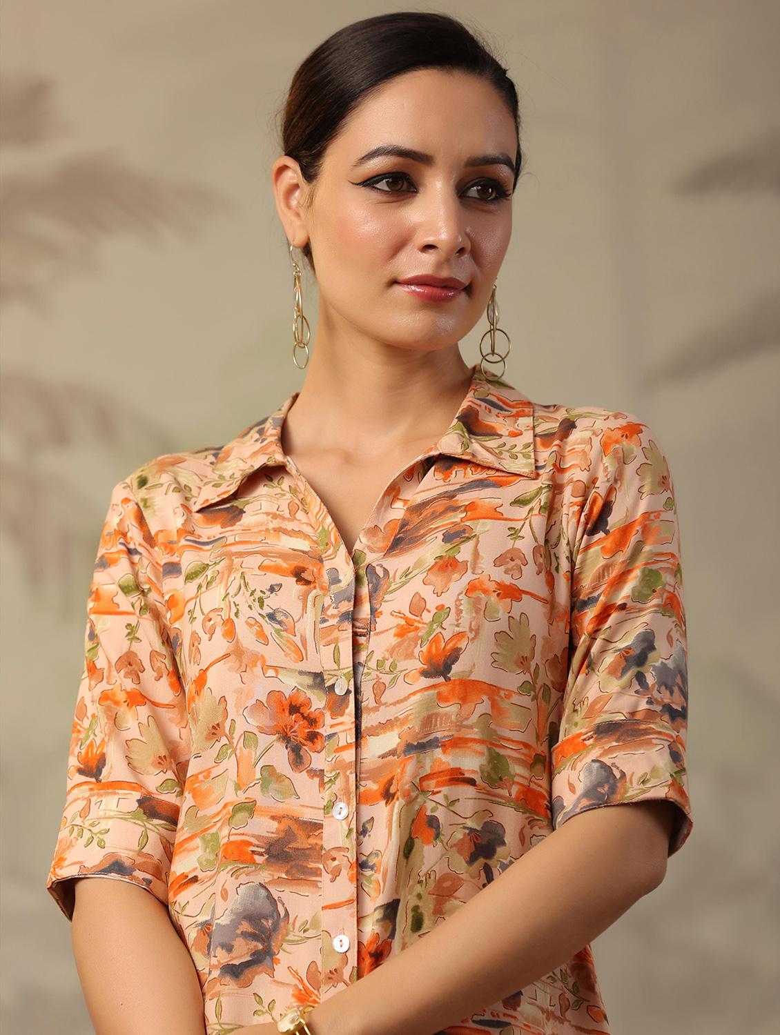 women peach floral printed shirt collar co-ord sets - 20458231 - Standard Image - 4