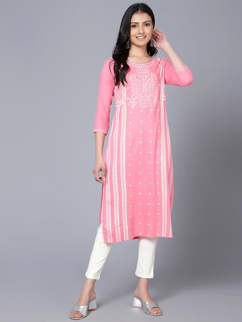 women pink round neck straight kurta - 20467826 - Very Small Image - 1