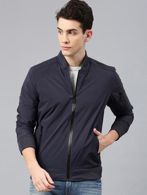 men solid navy blue polyester bomber jacket - 20473320 - Very Small Image - 1