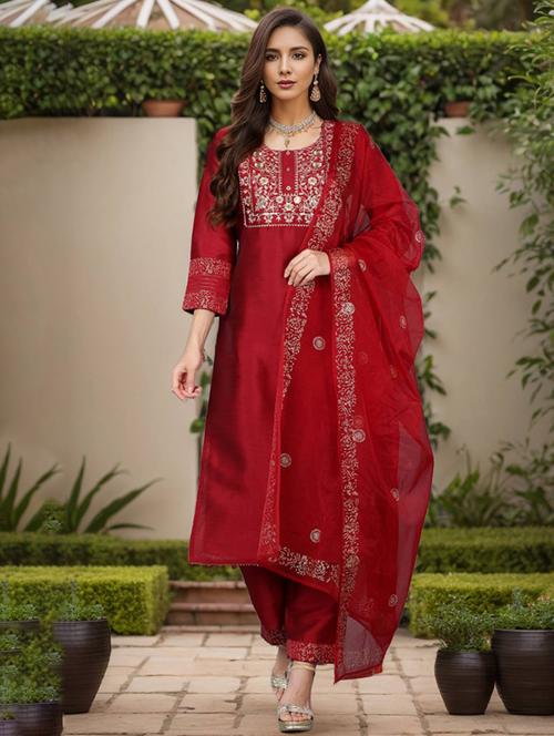 maroon three quarter sleeve suit set - 20473357 - Very Small Image - 1