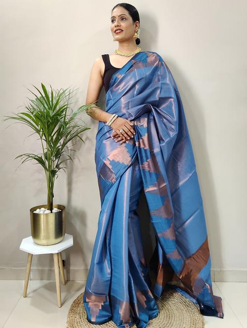 women's self design blue colored saree with blouse - 20473820 - Very Small Image - 1