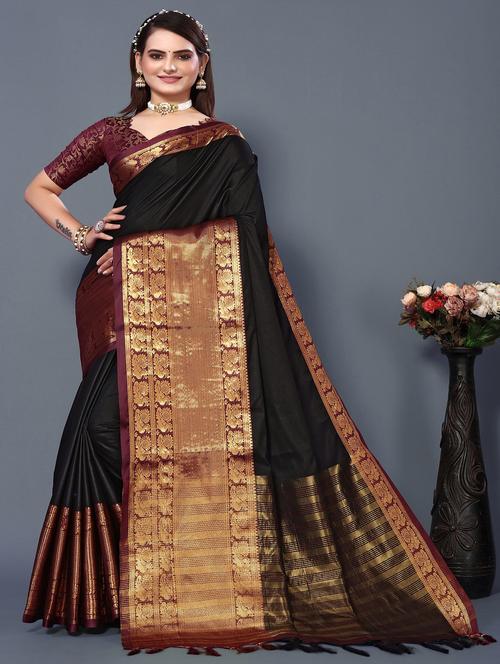 women's self design black colored saree with blouse - 20473874 - Very Small Image - 1