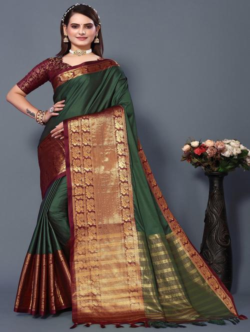 women's self design bottle green colored saree with blouse - 20473876 - Very Small Image - 1