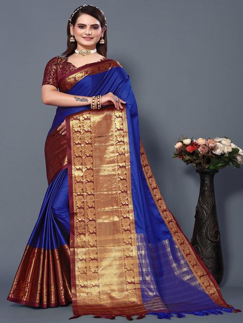 women's self design blue colored saree with blouse - 20473878 - Very Small Image - 1