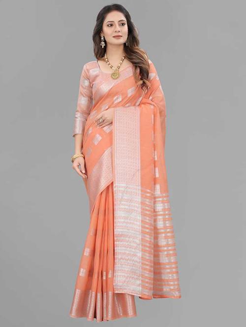 women's self design coral colored saree with blouse - 20473883 - Very Small Image - 1
