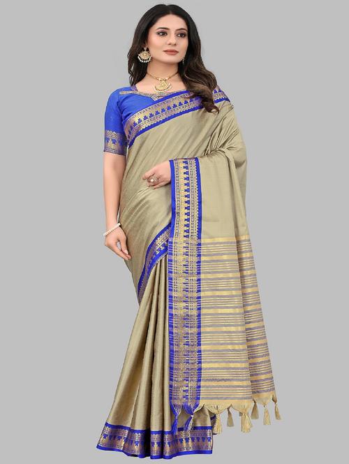 women's bordered royal blue colored saree with blouse - 20473921 - Very Small Image - 1