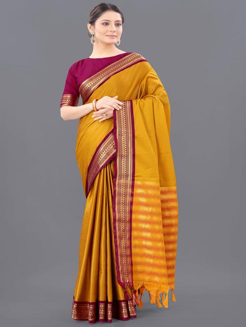 women's bordered mustard colored saree with blouse - 20473932 - Very Small Image - 1