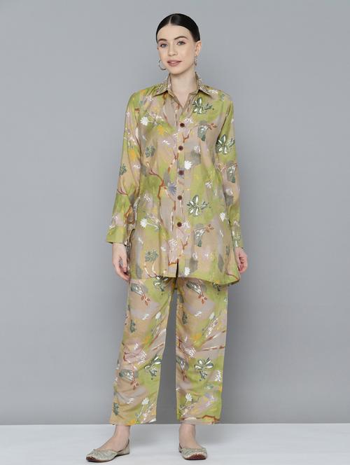 women green floral printed shirt collar co-ord sets - 20473971 - Very Small Image - 1