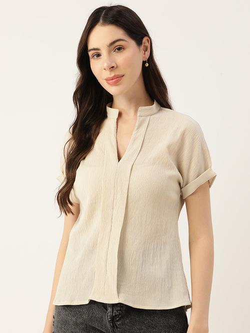 cream solid mandarin neck regular top - 20474271 - Very Small Image - 1