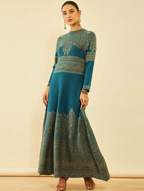 women teal round neck a-line dress - 20475824 - Very Small Image - 1