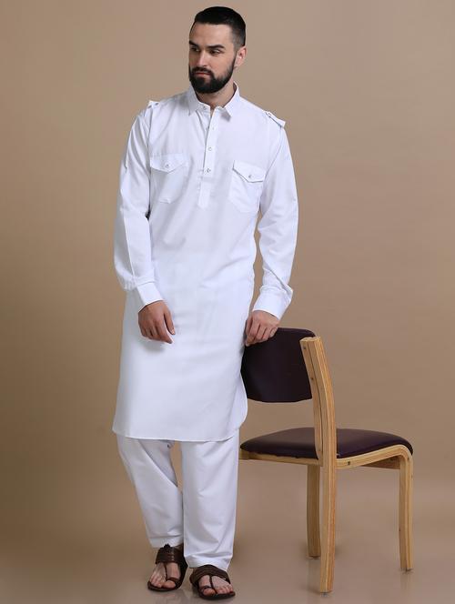 men solid white cotton pathani ethnic wear set - 20478441 - Very Small Image - 1