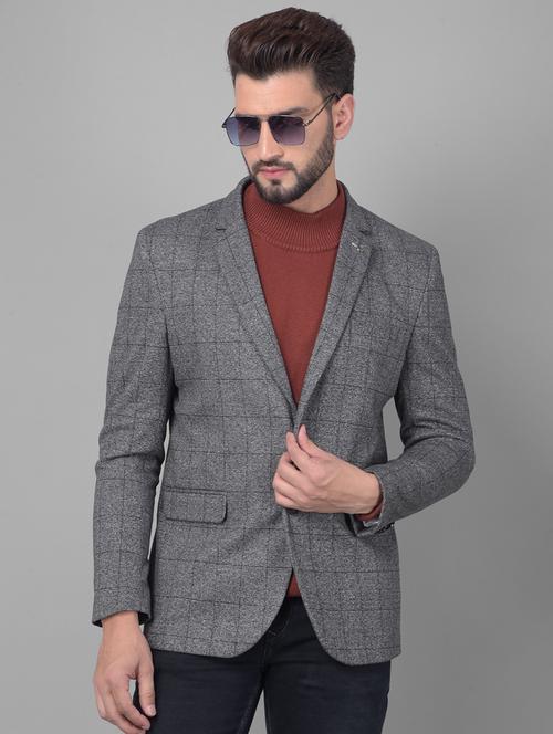 men checkered grey polyester single breasted casual blazer - 20478718 - Very Small Image - 1
