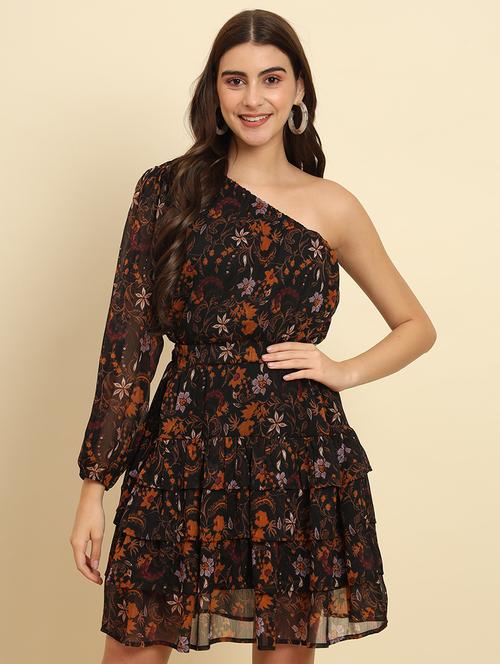 floral print single shoulder layered dress - 20483938 - Very Small Image - 1