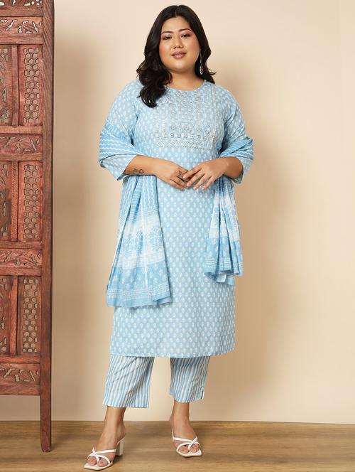 women purist blue round neck kurta pant set with dupatta - 20484413 - Very Small Image - 1
