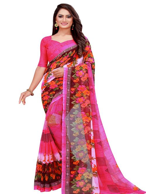 women's floral pink colored saree with blouse - 20484666 - Very Small Image - 1