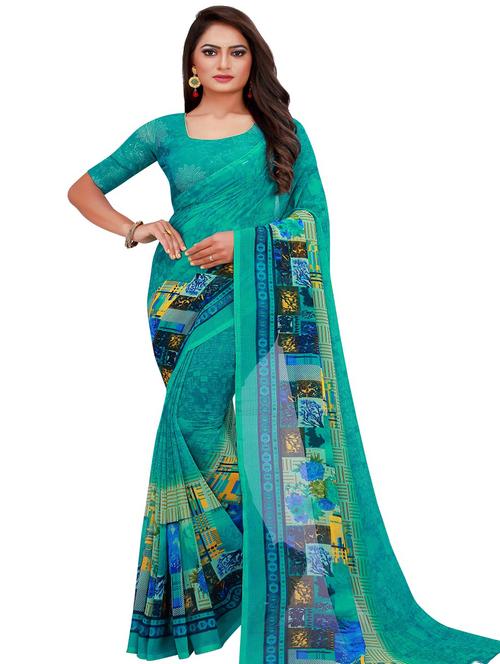 women's printed turquoise colored saree with blouse - 20484669 - Very Small Image - 1
