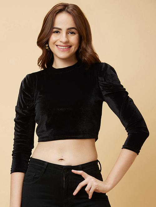 globus women black mock neck fitted velvet party crop top - 20485884 - Very Small Image - 1