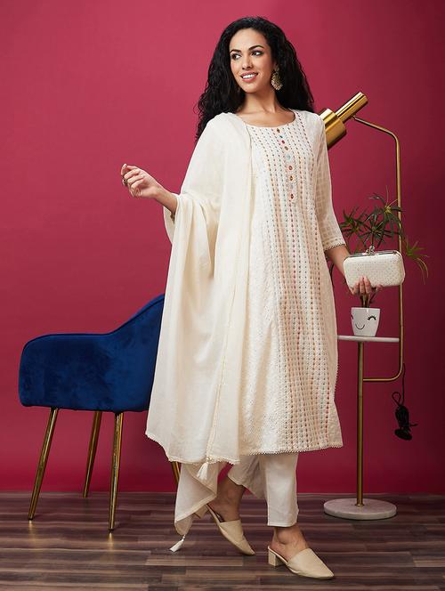 women white round neck kurta pant set with dupatta - 20485926 - Very Small Image - 1