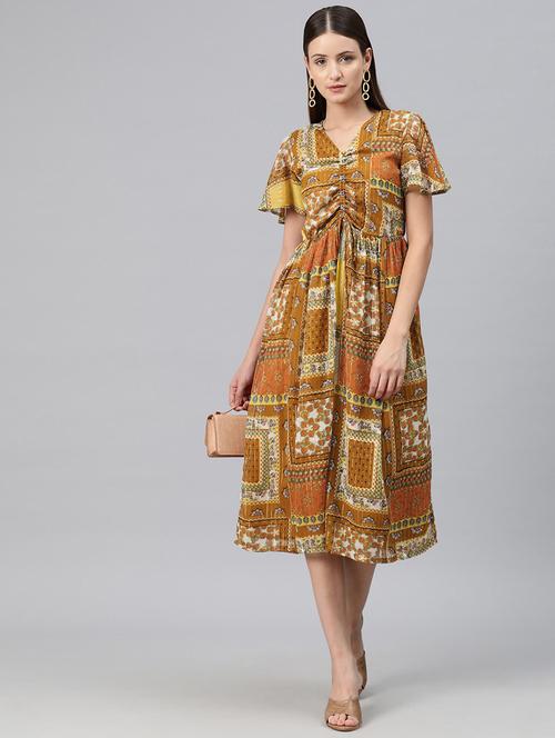 mustard printed fit & flare dress - 20486545 - Very Small Image - 1