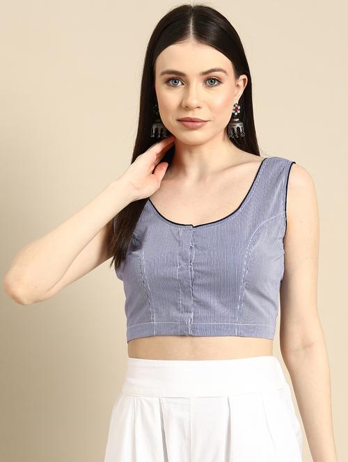 women blue stripes round neck stitched blouse - 20486739 - Very Small Image - 1