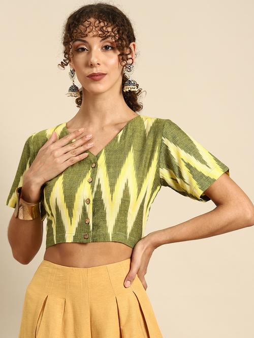 women green ikat v neck stitched blouse - 20486742 - Very Small Image - 1