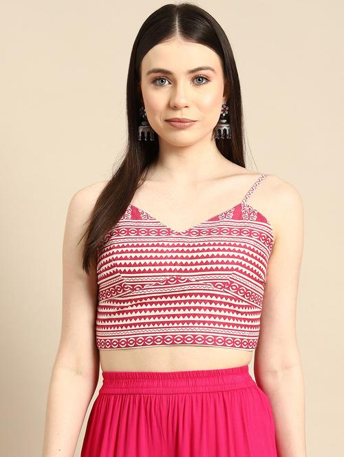women pink printed v neck stitched blouse - 20486747 - Very Small Image - 1