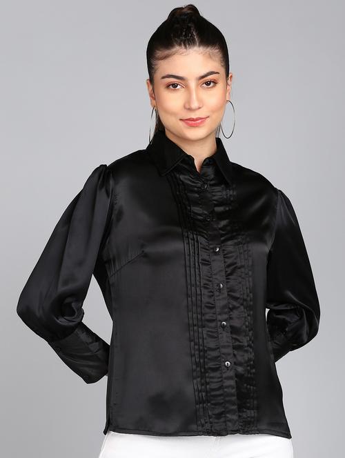 black solid puff sleeves regular shirt - 20487202 - Very Small Image - 1
