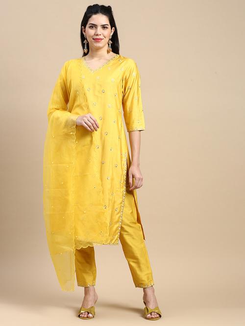 yellow cotton kurta dupatta  set - 20489775 - Very Small Image - 1