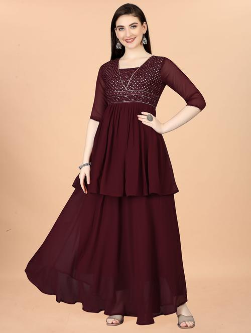 maroon layered ethnic dress - 20490644 - Very Small Image - 1