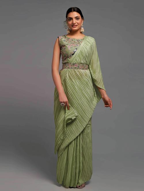 women's solid neo mint colored saree with blouse - 20495695 - Very Small Image - 1