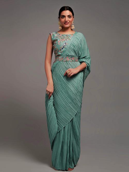 women's solid ai aqua colored saree with blouse - 20495696 - Very Small Image - 1