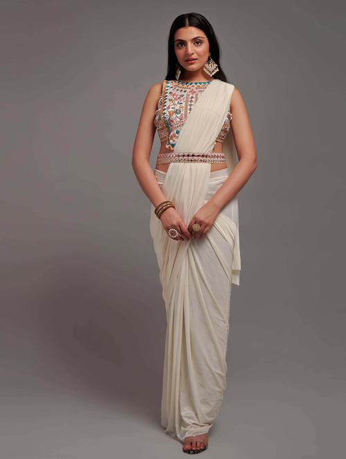 women's solid off white colored saree with blouse - 20495707 - Very Small Image - 1