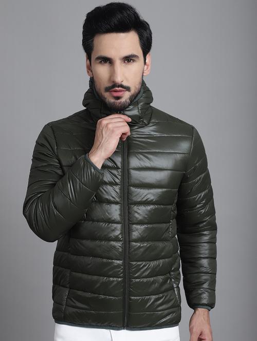 men olive solids hooded neck jacket - 20497561 - Very Small Image - 1