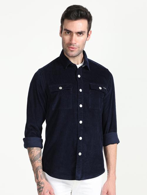 men navy blue corduroy casual shirt - 20499681 - Very Small Image - 1