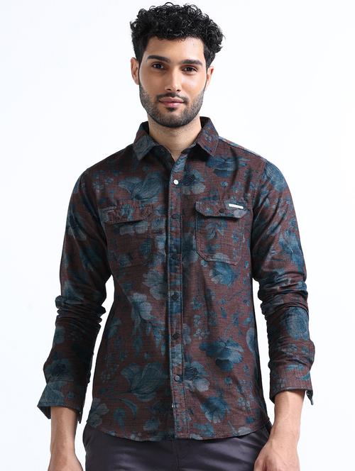 men coffee brown corduroy casual shirt - 20499700 - Very Small Image - 1