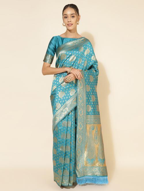 women's self design turquoise colored saree with blouse - 20500937 - Very Small Image - 1