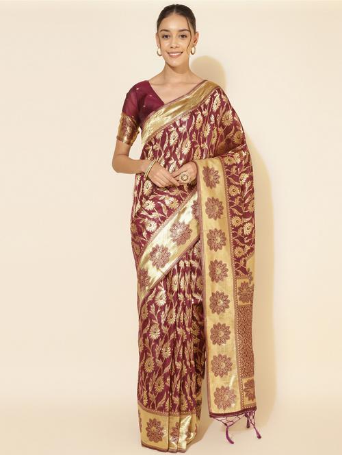women's self design burgundy colored saree with blouse - 20500939 - Very Small Image - 1