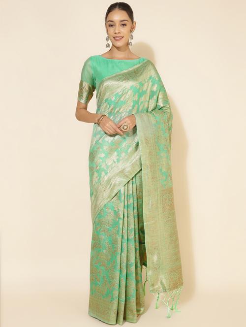 women's self design sea green colored saree with blouse - 20500945 - Very Small Image - 1