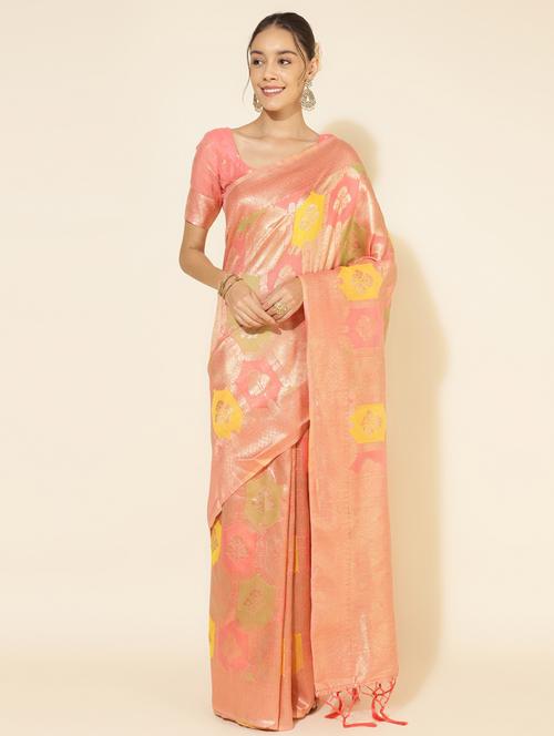women's self design peach colored saree with blouse - 20500959 - Very Small Image - 1