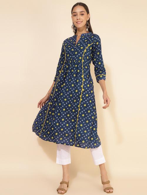 women blue mandarin neck a-line kurta - 20500966 - Very Small Image - 1